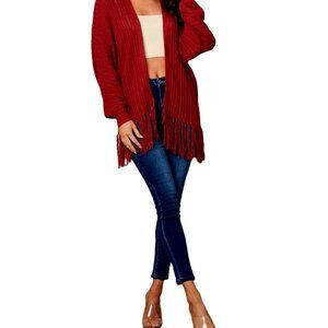 Women`s Long Sleeve Open Front Fringe Cardigan. Brick Red in Size Small - Medium